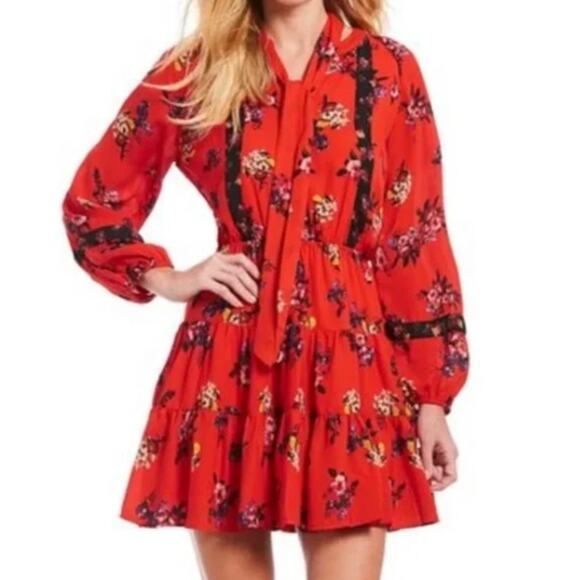 Gianni Bini Mini Dress Size M Red Floral Long Sleeve Button Front Fit Flare - Picture 1 of 13
